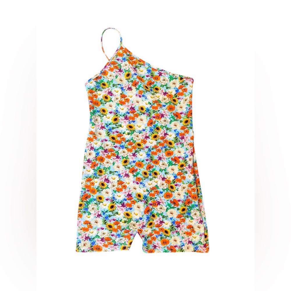 NWT ZARA Floral One Shoulder Romper L Asymmetrical Festival Vacation - Picture 4 of 7